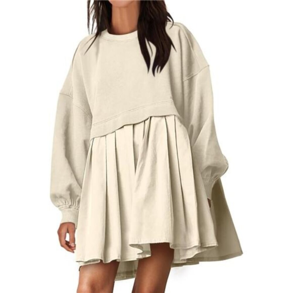 Women Fall Oversized Sweatshirts Hoodie Long Sleeve Crewneck‎ Pleated Dress